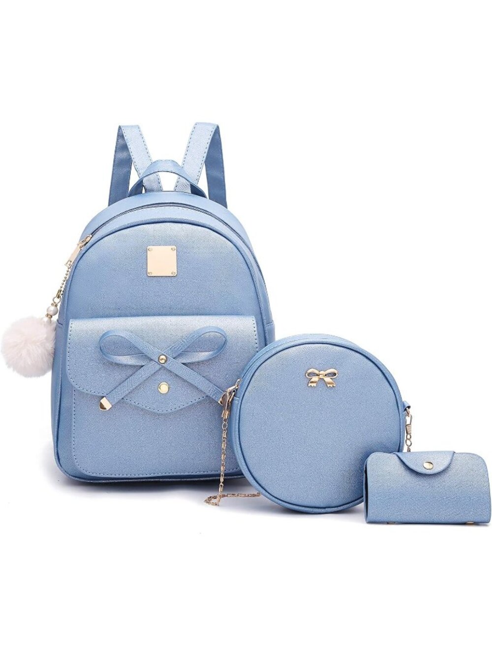 Women Bright Blue PU Leather lightweight Fahsion 3-Pieces Backpack Shoulder Bag